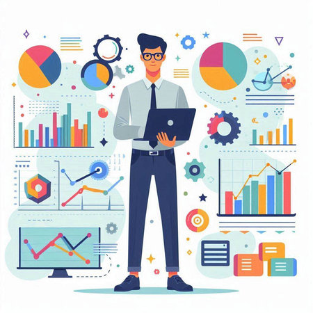 Businessman working on laptop. Flat style vector illustration. Business concept.のイラスト素材