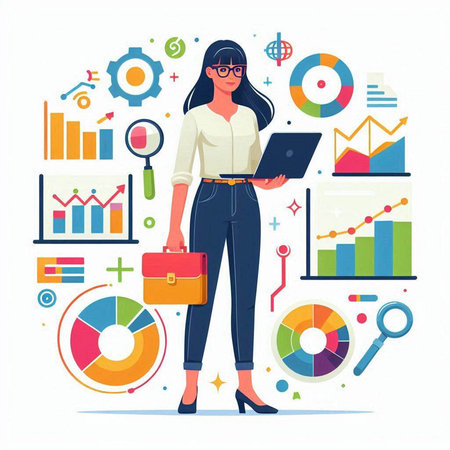 Business woman with laptop and charts. Vector illustration in flat style.のイラスト素材