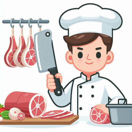 Chef holding a knife and cutting meat. Vector cartoon illustration.のイラスト素材