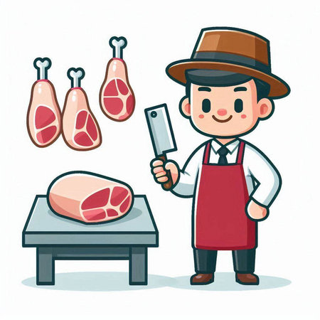 Butcher with meat and knife. Vector illustration in cartoon style.のイラスト素材