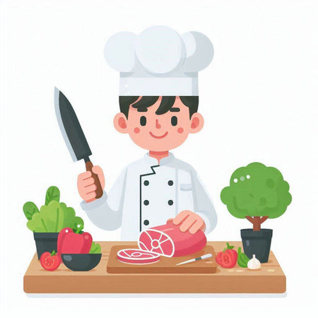 Chef cooking in the kitchen. Vector illustration in a flat style.のイラスト素材