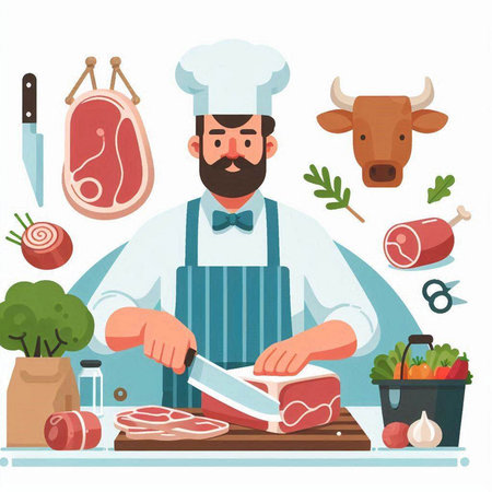 Chef in apron cuts meat. Vector illustration in flat styleのイラスト素材