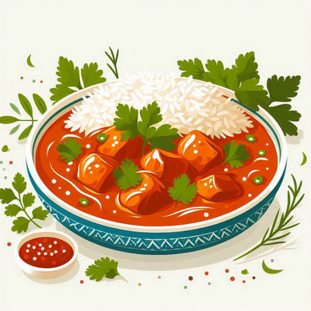 Illustration of a bowl of tomato curry with rice and parsleyのイラスト素材