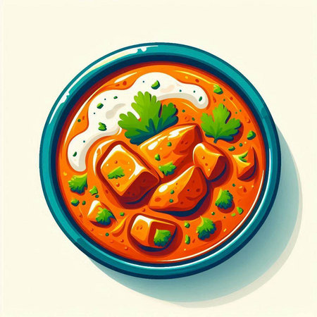 Illustration of a bowl of tomato soup with parsley and sour creamのイラスト素材
