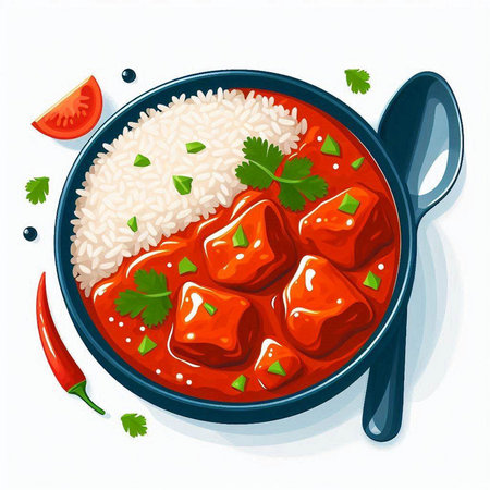 Rice with meatballs in tomato sauce and parsley. Vector illustration.のイラスト素材