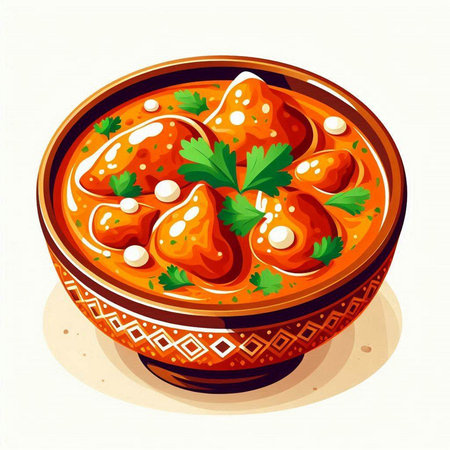 Vector illustration of a bowl of spicy chicken curry with parsley.のイラスト素材