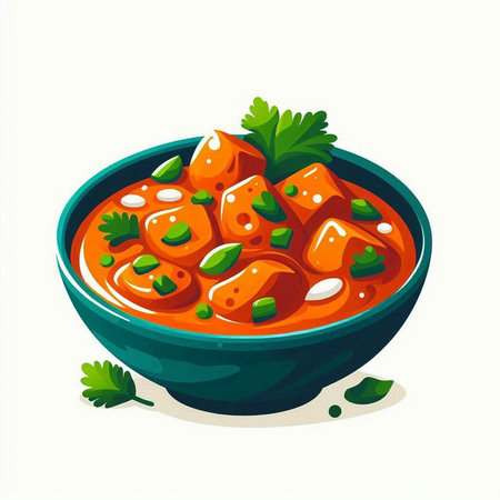 Vector illustration of a bowl of chili sauce with parsley and tomato.のイラスト素材