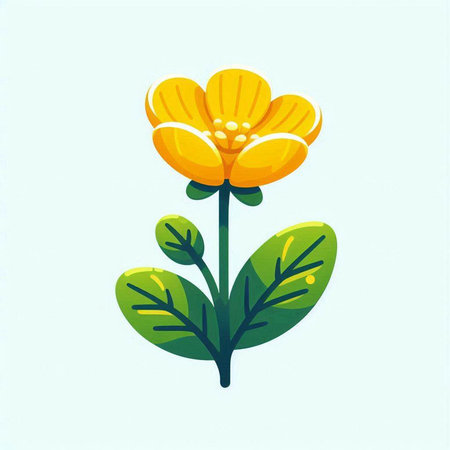 Cute yellow flower with green leaves isolated on blue background. Vector illustration.のイラスト素材