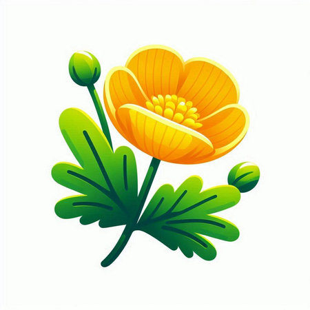 Vector illustration of a yellow flower with green leaves on a white backgroundのイラスト素材