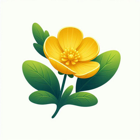 Yellow flower with green leaves isolated on white background. Vector illustration.のイラスト素材