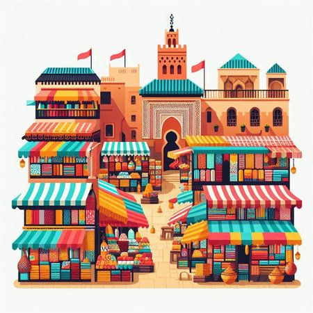 Colorful market in Marrakesh, Morocco. Vector illustration.のイラスト素材
