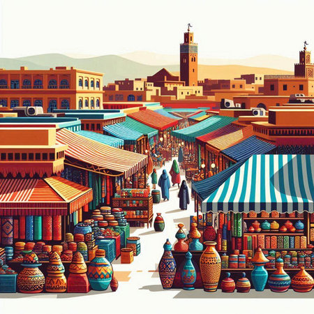 Mosaic market in Marrakesh, Morocco. Vector illustrationのイラスト素材