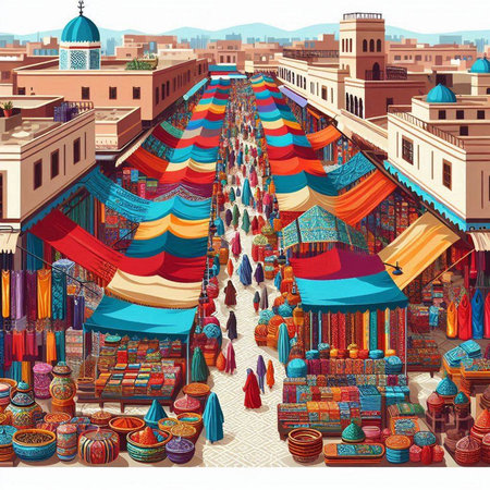 Colorful market in the old city of Marrakesh, Moroccoのイラスト素材