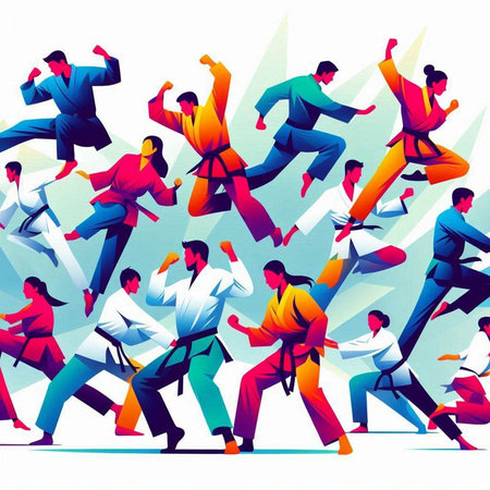 Taekwondo. Vector illustration of a group of people doing karateのイラスト素材