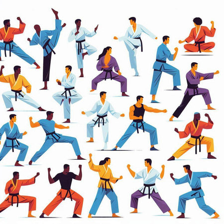 Martial arts. Set of karate poses. Vector illustration.のイラスト素材