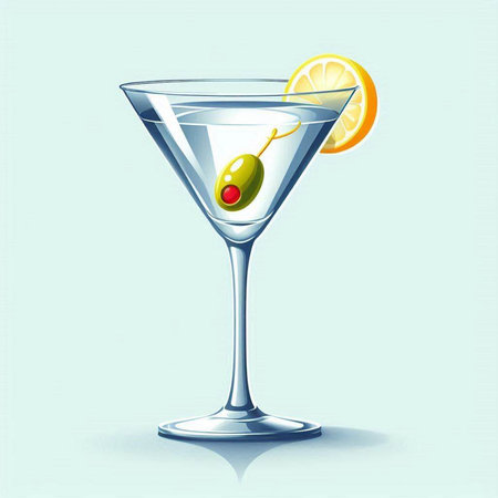 Illustration of a martini with olives and lemon on a blue backgroundのイラスト素材