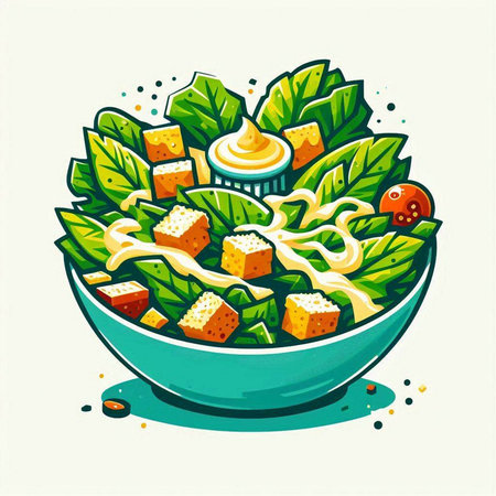 Salad with cheese and herbs in a bowl, vector illustration.のイラスト素材