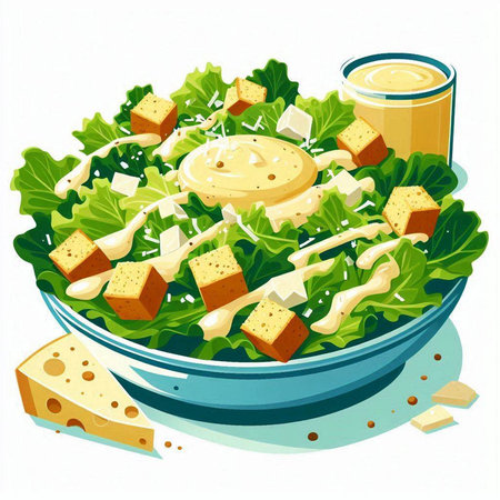 Salad with cheese and croutons in a bowl. Vector illustration.のイラスト素材