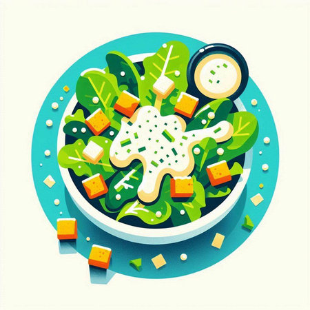 Salad with cheese, lettuce, greens and sauce. Vector illustrationのイラスト素材