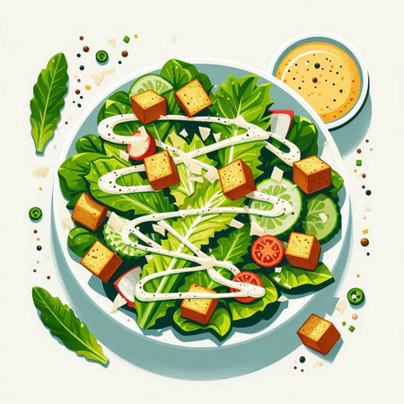 Salad with croutons, lettuce, tomatoes and cheese. Vector illustration.のイラスト素材