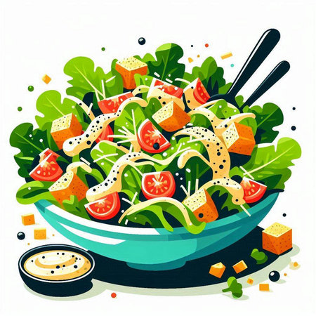Salad in a bowl with sesame seeds. Vector illustration.のイラスト素材