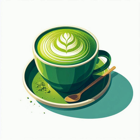 Green tea with latte art on white background. Vector illustration.のイラスト素材