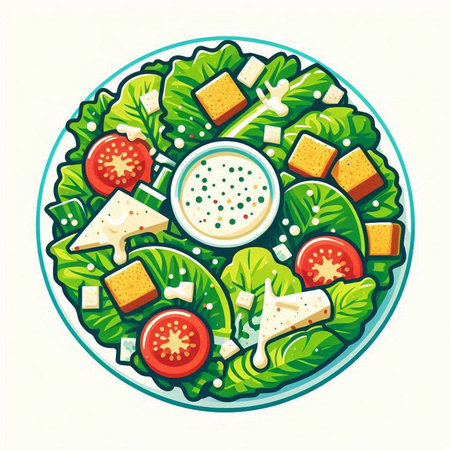 Illustration of salad plate with cheese, tomato, cucumber and lettuceのイラスト素材