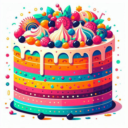 Birthday cake with cream and berries. Vector illustration on white background.のイラスト素材