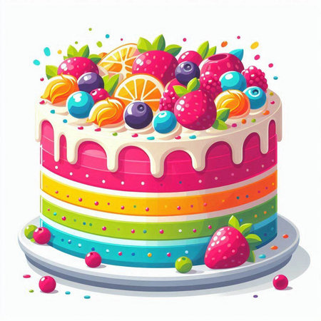 Birthday cake decorated with fruits and berries. Vector illustration isolated on white background.のイラスト素材