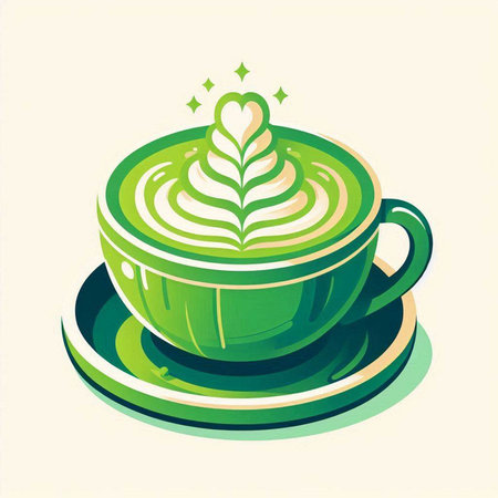 Cup of green tea with latte art. Vector illustration.のイラスト素材