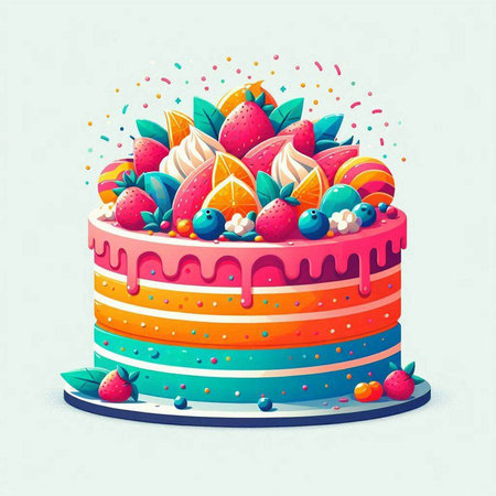 Birthday cake with berries and fruits. Vector illustration in retro style.のイラスト素材
