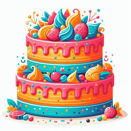Birthday cake decorated with berries. Vector illustration in cartoon style.のイラスト素材