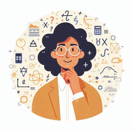 Vector illustration of a young woman in glasses and a beige jacket. The concept of science, chemistry, biology.のイラスト素材