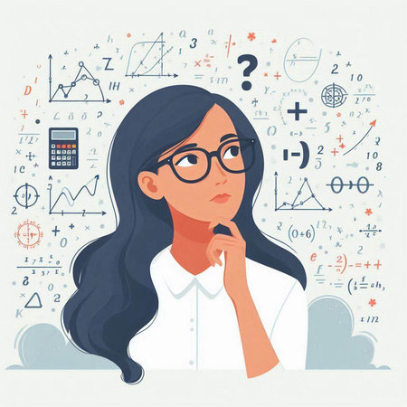 Vector illustration of a young woman in glasses thinking about the problem.のイラスト素材