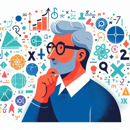 Funny portrait of a man in glasses with a pen. Vector illustration.のイラスト素材