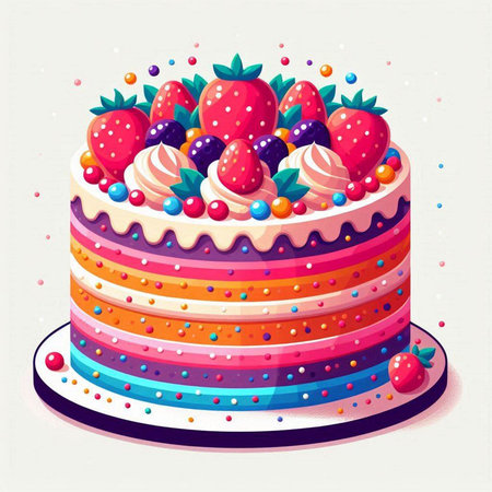 Birthday cake with strawberries, blueberries and cream. Vector illustration.のイラスト素材