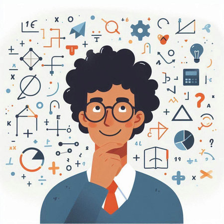 Portrait of a young man with glasses and curly hair. Vector illustration.のイラスト素材