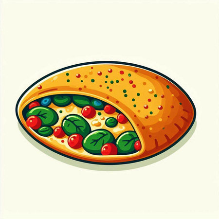 Illustration of a pizza with spinach and tomato on a white backgroundのイラスト素材