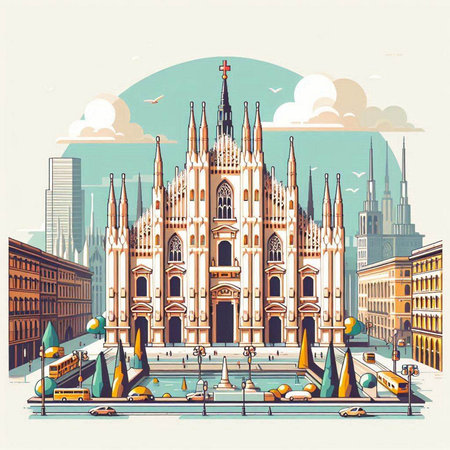 Cathedral of Saint Mary of the See in Milan, Italy. Vector illustration.のイラスト素材