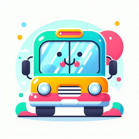 Cute cartoon bus on colorful background. Vector illustration in flat styleのイラスト素材