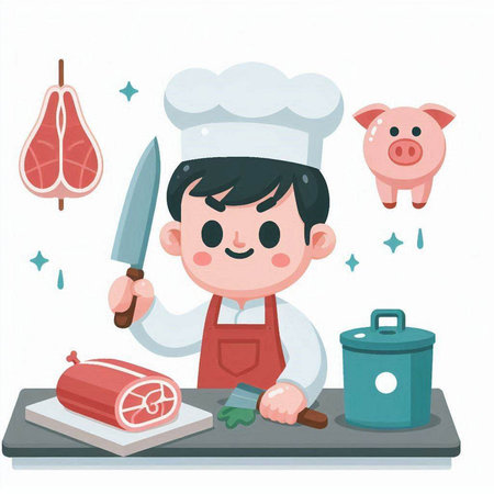 Cute boy chef cooking meat in the kitchen. Vector illustration.のイラスト素材