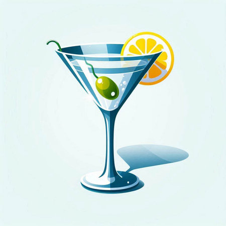 Cocktail with lemon and olive on a blue background. Vector illustration.のイラスト素材
