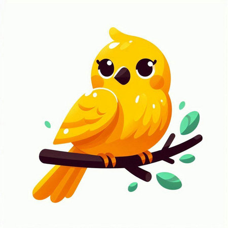 Cute cartoon yellow bird sitting on a branch. Vector illustration.のイラスト素材