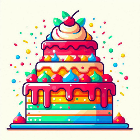 Birthday cake with cream, cherry and sprinkles. Vector illustration.のイラスト素材