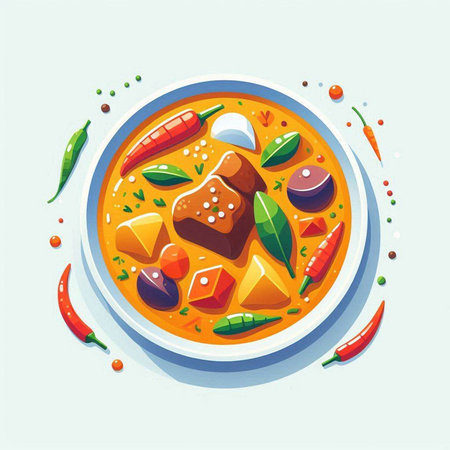 Thai spicy curry in bowl. Thai food. Vector illustration.のイラスト素材