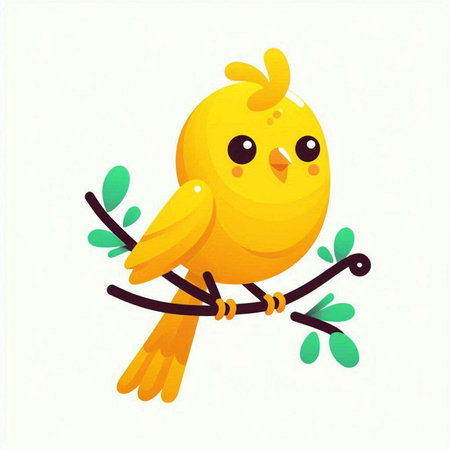 Cute yellow bird on a branch isolated on white background. Vector illustration.のイラスト素材