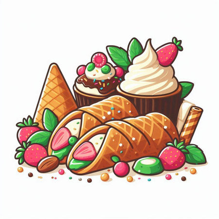 Hand drawn vector illustration of a chocolate ice cream cone with strawberries, cherries and whipped cream.のイラスト素材