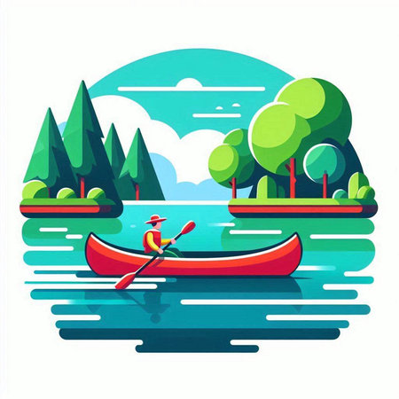 Canoeing on the river. Vector illustration in flat style.のイラスト素材