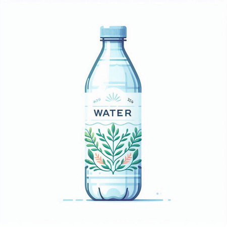 Illustration of a bottle of water with green leaves on a white backgroundのイラスト素材