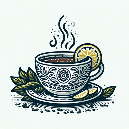Cup of tea with lemon. Hand drawn vector illustration in vintage style.のイラスト素材